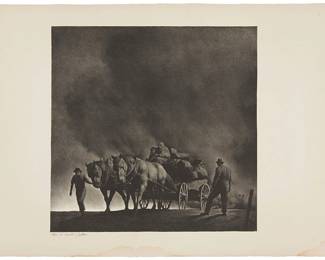 98
Robert Riggs
1896-1970
"Dust Storm," Circa 1941
Lithograph on BFK Rives paper
From the edition of unknown size
Signed by the printer in pencil in the lower margin, at left: Geo. C. Miller (Litho); with the printer's watermark in the lower right margin corner
Image: 14.125" H x 14.125" W; Sheet: 17.5" H x 23.625" W
Estimate: $2,000 - $4,000