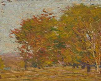 4
Jack Gage Stark
1882-1950
"Bear Creek Sycamores"
Oil on panel
Signed and titled in ink on a gallery label affixed verso: Jack Gage Stark
7.50" H x 9.25" W
Estimate: $2,000 - $3,000