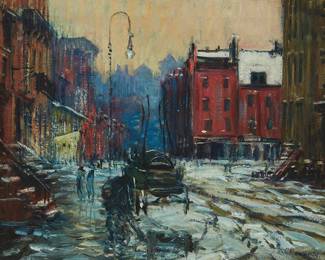 123
Arthur Clifton Goodwin
1864-1929
"Greenwich Village"
Oil on canvas
Signed lower right: A.C. Goodwin; titled on the canvas, verso; titled again on a gallery label affixed to the frame's backing board
20" H x 26" W
Estimate: $8,000 - $12,000