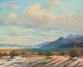 136
Paul Grimm
1891-1974
"Under Desert Clouds," 1958
Oil on canvasboard
Signed lower right: Paul Grimm; signed again, titled, and dated, all verso
16" H x 20" W
Estimate: $1,500 - $2,000