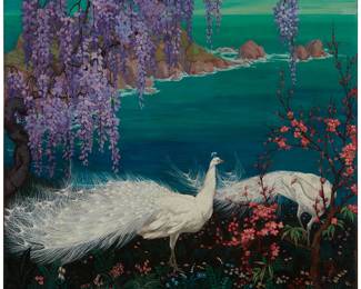 15
Jessie Arms Botke
1883-1971
"White Peacocks And Wisteria"
Oil on linen laid to panel
Signed lower right: Jessie Arms Botke; titled on label affixed verso
25" H x 30" W
Estimate: $5,000 - $7,000
