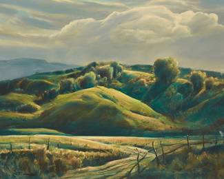 47
Paul Lauritz
1889-1975
"California Hills, At Malibu"
Oil on canvas
Signed lower right: Paul Lauritz; titled in ink on the stretcher
25" H x 34.25" W
Estimate: $3,000 - $5,000