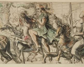 101
Reginald Marsh
1938-1942
"Merry-Go-Round," 1940
Engraving with hand-coloring in watercolor on cream laid paper
A third (final) state impression apart from, and presumably prior to, the 1969 posthumous edition of 100 published by the Whitney Museum of American Art
Signed in pencil in the lower margin, at right: Reginald Marsh; possibly a lifetime impression, possibly with hand-coloring by the artist
Plate: 8" H x 12" W; Sheet: 10.375" H x 13.75" W
Estimate: $2,000 - $4,000