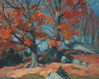 122
Emile Albert Gruppe
1896-1978
"Red Maples," 1950
Oil on canvas
Signed lower right: Emile A. Gruppe; titled, dated, and inscribed on the stretcher: Vermont
25" H x 30" W
Estimate: $3,000 - $5,000