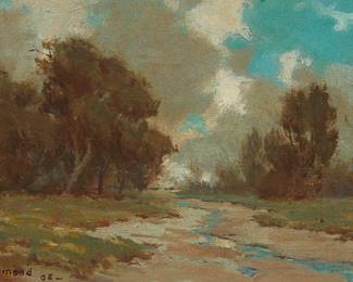 2
Granville Redmond
1871-1935
"After The Rain," 1908
Oil on board
Signed and dated lower left: G. Redmond; titled on a label affixed verso
5" H x 7.5" W
Estimate: $4,000 - $6,000