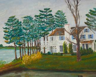 114
Allan Freelon
1895-1960
"House Near River"
Oil on board
Signed lower right: Freelon; signed again in pencil, verso; titled on a sales invoice affixed verso
12" H x 16" W
Estimate: $3,000 - $5,000