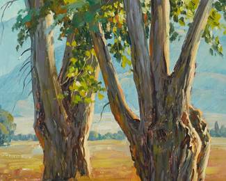 116
Paul Grimm
1891-1974
"Cotton Wood Trees - High Sierra At Base Of Mountains," 1968
Oil on board
Signed lower right: Paul Grimm; signed again, titled, and dated, verso
16" H x 12" W
Estimate: $1,500 - $2,000