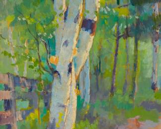 51
Bernhard Gutmann
1869-1936
"Keene Valley"
Oil on panel
Unsigned; attributed to and titled on labels affixed to the back of the frame; with red and black ink estate stamps, verso
10" H x 14" W
Estimate: $1,000 - $2,000