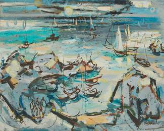 16
Phil Dike
1906-1990
"Shore Tapestry"
Oil on canvas
Signed lower right: Phil Dike; signed again, titled, and inscribed in pencil along the upper portion of the stretcher: 157 E 10th / Claremont, CAL.
26" H x 36" W
Estimate: $20,000 - $30,000