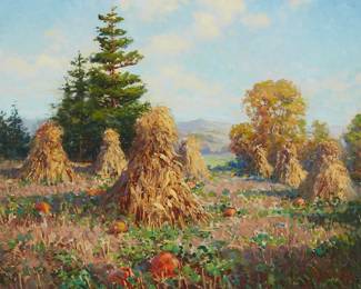 106
Joseph Tomanek
1879-1974
"Pumpkin Patch"
Oil on canvas
Signed lower right: J. Tomanek; titled on a gallery label affixed to the frame's backing board
23.5" H x 28" W
Estimate: $2,500 - $3,500