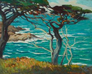 81
Mary DeNeale Morgan
1868-1948
"Pines, Point Lobos"
Oil on Masonite
Signed lower right: M. DeNeale Morgan; signed again and titled, verso; titled again on two labels affixed, verso
16" H x 20" W
Estimate: $4,000 - $6,000