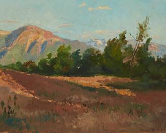 61
Franz A. Bischoff
1864-1929
Sunlit Mountains
Oil on canvas
Signed lower right: Franz Bischoff
14" H x 18" W
Estimate: $5,000 - $7,000