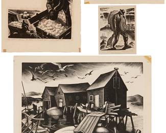 94
Clare Leighton (1898-1989)
Four works:

"Gaspé Fisherman," 1948
Woodcut on wove paper
From the edition of 125
Signed, titled, and inscribed in pencil in the lower margin: Clare Leighton / for Helen
Image: 3.125" H x 2.5" W; Sheet: 5.125" H x 3.875" W

"Hatteras Wreck," circa 1950
Woodcut on wove paper
Edition: 25/150
Signed, titled, numbered, and inscribed in pencil in the lower margin: Clare Leighton / For Helen, with love, July 31, 1952
Image: 2.625" H x 5" D; Sheet: 4.125" H x 6.875" W

"Telescope"
Woodcut on wove paper
Edition: 10/50
Signed, titled, numbered, and inscribed in pencil in the lower margin: Clare Leighton / Cotton / For Helen and John, with love
Image: 5.5" H x 5.5" W; Sheet: 8" H x 6.875" W

"Oyster Houses, Wellfleet"
Edition: 96/200
Signed, titled, numbered, and inscribed in pencil in the lower margin: Clare Leighton / For Helen and John, with my love November 1952
Image: 8.25" H x 10" W; Sheet: 9.625" H x 11.25" W
Estimate: $1,000 - $1,500