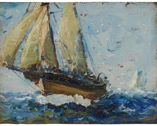 57
Anthony Thieme
1888-1954
"Full Sails"
Oil on board laid to board
Incised lower edge, at right: A. Theime; titled on gallery label affixed verso
8" H x 10" W
Estimate: $2,000 - $3,000