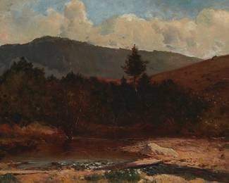 24
Thomas Hill
1829-1908
Stream In A Western Landscape
Oil on board
Signed lower left: T. Hill
12.25" H x 18.5" W
Estimate: $3,000 - $5,000