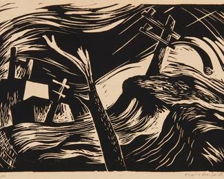 99
Hughie Lee-Smith
1915-1999
"Storm," 1939
Linoleum cut on paper
From the edition of unknown size
Signed, titled, and dated in pencil in the lower margin: Hughie Lee-Smith
Image: 5.75" H x 8.25" W; Sheet: 9.5" H (irreg.) x 11.5" W (irreg.)
Estimate: $3,000 - $5,000
