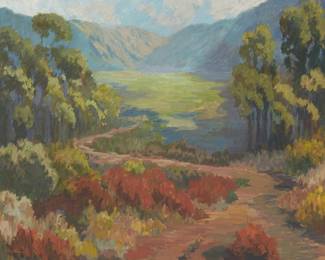 134
Robert Ferguson
b. 1958
"San Pasqual Valley In Winter Light," 2008
Oil on canvas
Signed lower left: Robert Ferguson; signed again, titled, dated, and inscribed in pencil, verso
40" H x 50" W
Estimate: $1,500 - $2,500