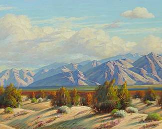 12
Paul Grimm
1891-1974
"Desert Expanse," 1967
Oil on canvas
Signed lower right: Paul Grimm; signed again, titled, and dated, all verso
14" H x 36" W
Estimate: $3,000 - $5,000