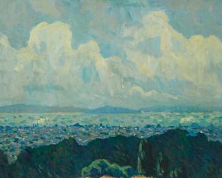 82
Phillips Lewis
1892-1930
"After The Storm, San Francisco Bay"
Oil on canvas
Signed at the lower edge, right of center: Phillips Lewis; titled on the frame plaque; titled again on a label affixed to the stretcher
24" H x 28" W
Estimate: $2,000 - $4,000