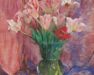 32
Laura Coombs Hills
1859-1952
"Tulips In A Glass Vase"
Pastel on paperboard
Signed upper left: Laura Hills; titled on a gallery label affixed to the frame's backing board; inscribed verso, possibly in another hand: Tulips in a Glass
Image/Sheet: 21.75" H x 18" W
Estimate: $3,000 - $5,000