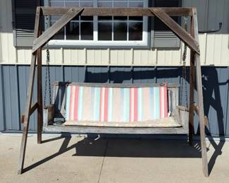 Patio Swing With Cushions Hanging From Frame, 66" H x 76" W x 30" D
