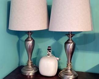 Silver Toned Tabletop Lamps, 30.5" Tall, Qty 2, And Ceramic Lamp Without Shade, 12" Tall
