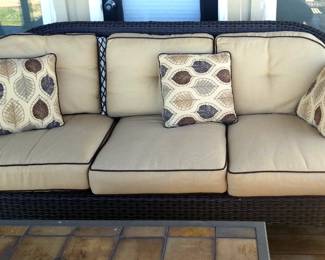 Resin Wicker Sofa, 36" x 78" x 38", With Sunbrella Seat Cushions, Qty 3, Back Cushions, Qty 3, And Pillows, Qty 2