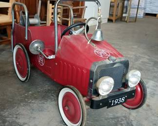 Metal Pedal Car Fire Truck With Rear Hose Reel, Approximately 22" x 37" x 16"