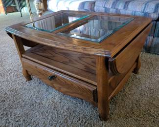 Drop Leaf Single Drawer Coffee Table With Beveled Glass Inserts, 18" x 25" x 48"