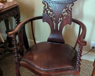 Antique Rolling Armchair With Leather And Nail Head Trim Seat, Twisted Spindles, 43" x 24" x 20", Includes 2 Pillows