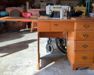 Sewing Cabinet With 4 Drawers, 31" x 55" (Extended) x 19", With Brother Echelon 891 Sewing Machine, Untested, And Sewing Notions