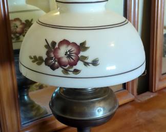 Brass 21" Lamp With Hurricane And Milk Glass Hand Painted Shade