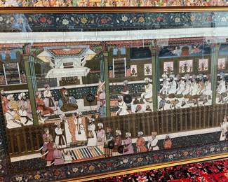 Muslim Court 44 1/2 x 58 Mughal Painting Fabric Silk w Glass Framed 