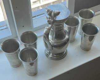 Pewter Geneva Wine Decanter w 6 Glasses