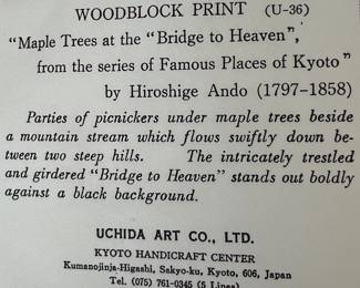 Woodblock Print "Maple Trees at the Bridge to Heaven, from the series of Famous Places of Kyoto"  by Hiroshige Ando
