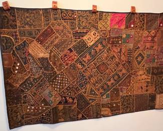 Indian Patchwork Tapestry w Wood Hangers
