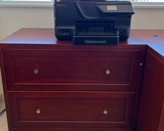 Copenhagen Jesper Office Suite:Copenhagen Office Cherry Desk 71x32x29
Crescent Desk Cherry 71x32/44x29
Lateral File Cherry 35.5x20x29
Mobile Pedestal w 2 File Drawers Cherry 