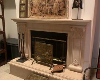 brass fireplace screen and wood box