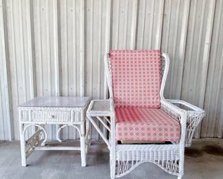 WHITE WICKER CHAIR WITH MAGAZINE HOLDER AND SIDE TABLE - THE SMITHSONIAN COLLECTION