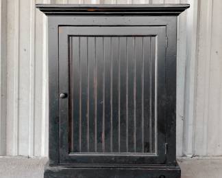 DISTRESSED MODERN FARMHOUSE BLACK BEADBOARD CABINET - STORAGE CABINET - BROWN INTERIOR