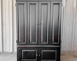 BLACK DISTRESSED WOOD ENTERTAINMENT CENTER CABINET WITH FOLDING DOORS AND STORAGE