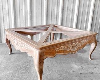 FRENCH PROVINCIAL BLEACHED CARVED FLORAL WOOD COFFEE TABLE FRAME - 38" SQUARE