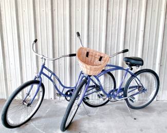 PAIR OF BLUE SCHWINN BEACH CRUISER SS BICYCLES - BASKET INCLUDED - WOMEN'S AND MEN'S BIKES