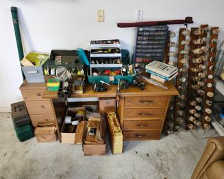 Fishing tackle and loads of fly tying supplies along with fly tying table