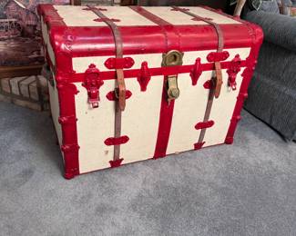 Large red and offwhite painted steamer trunk, newer straps, no tray, 23"H x 34"L x 21"D