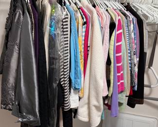 Large group of ladies' tops, dressy jackets, sweaters, good used condition most are size 12 M/L