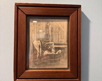 Framed print of cowboy in washtub (frame needs some glue)  10" x 9"