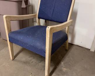 Mid-century wooden chair with blue upholstery, has red-orange vinyl underneath back (unsure of condition) 24"W x 20"D