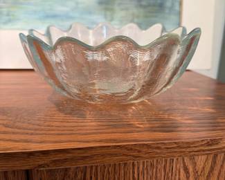 Blenko Glass clear petal bowl, etched marked on bottom 10"