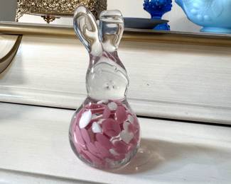 Blenko glass 2017 rabbit with pink and white inclusions, good condition but shows deep scratches on the bottom 4.5"H